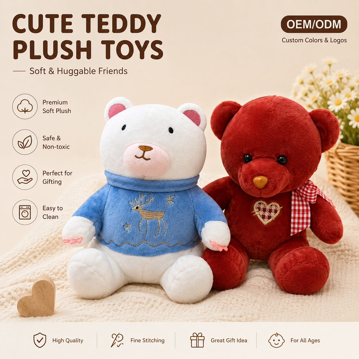 Custom Bear Plush Toy Soft Stuffed Animal Doll OEM ODM Cute Plush Bear Gift for Kids Baby Valentine Decoration