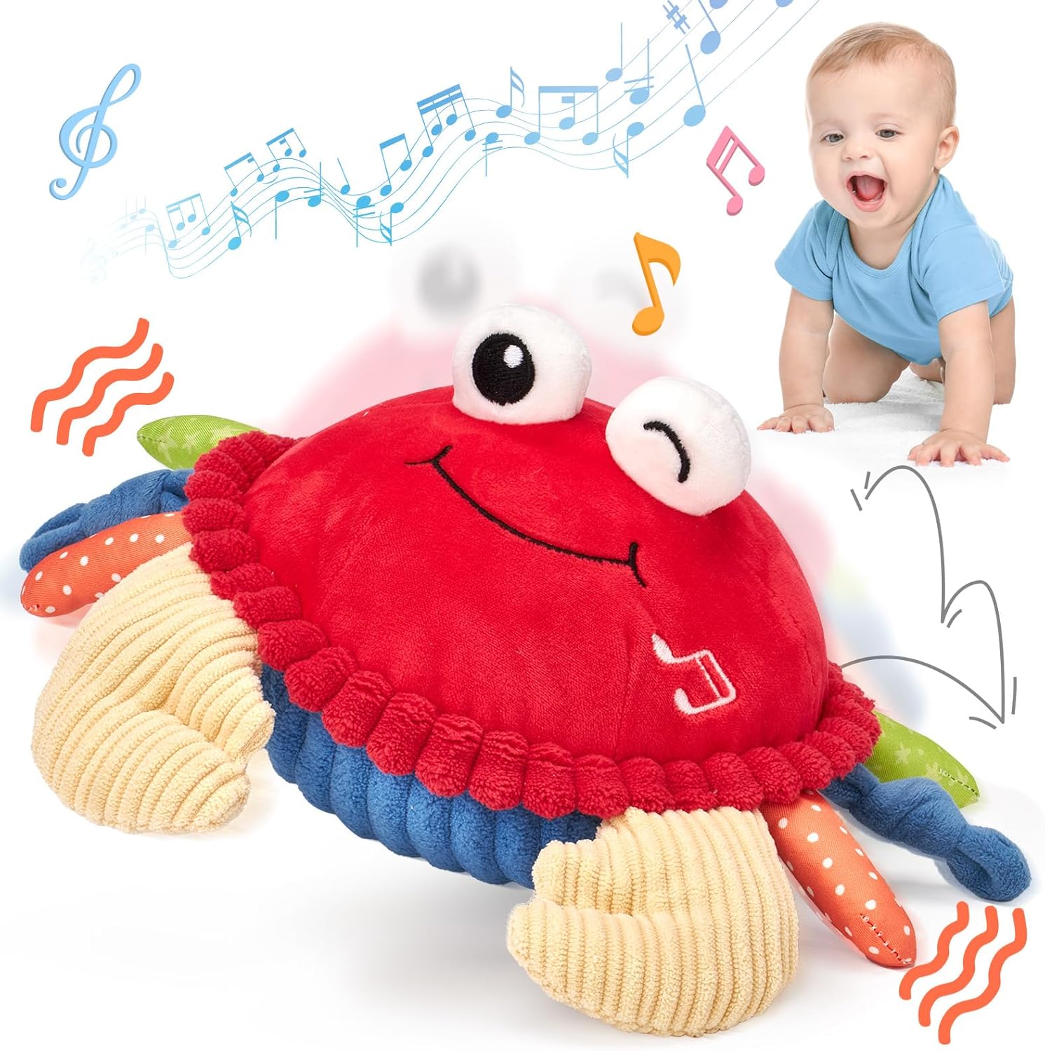Musical Crawling Crab Plush Toy 40 Songs &amp; Recording Feature Dancing Walking Moving Bouncing Tummy Time Toy