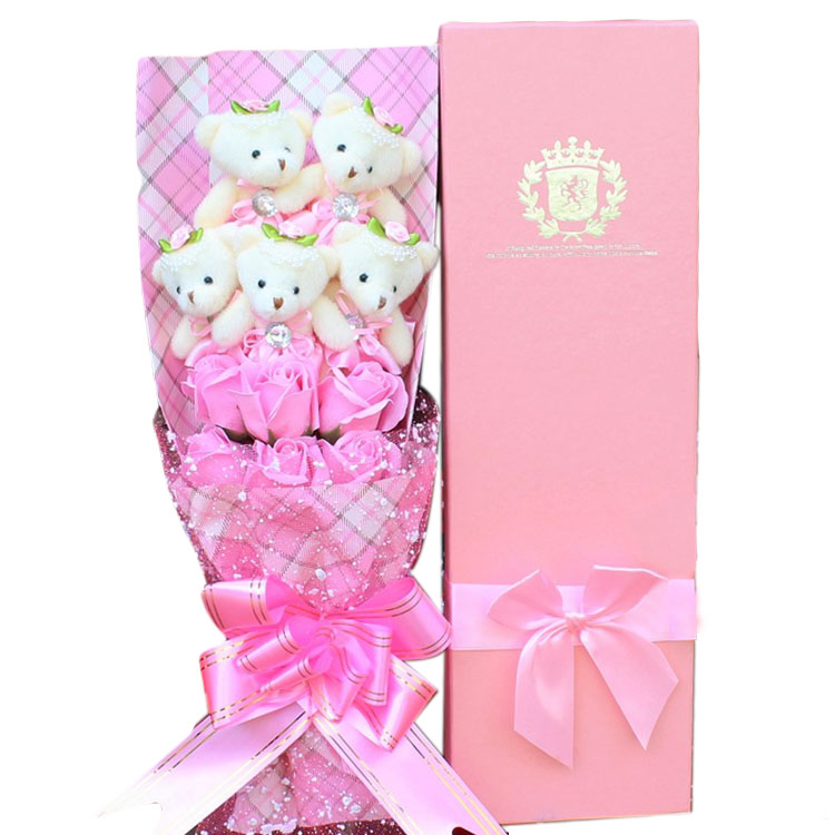 Valentine Gift 5 Bears 6 Flowers Teddy Bear Doll Stuffed Toys Soap Flower Bouquet