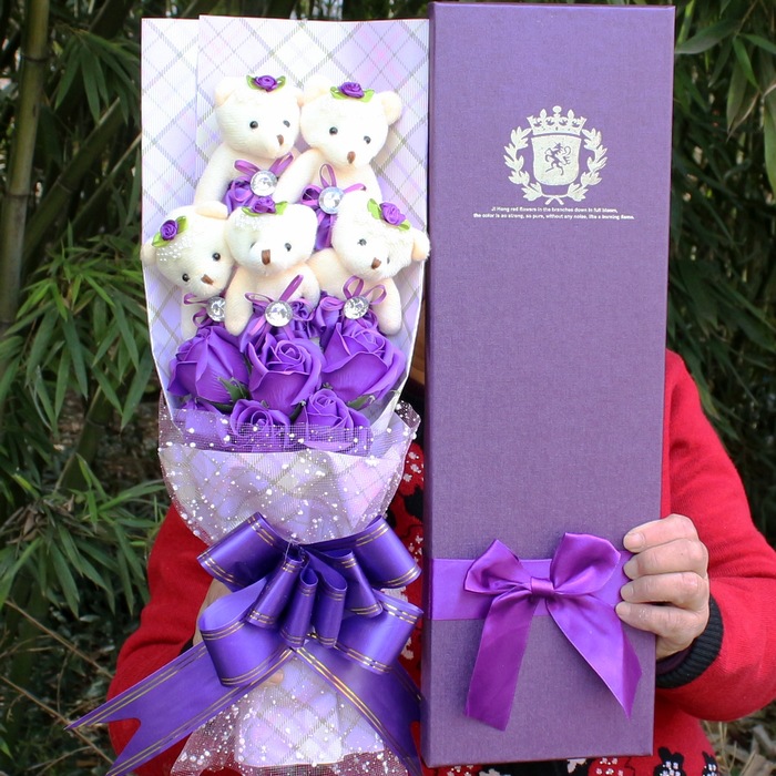 Valentine Gift 5 Bears 6 Flowers Teddy Bear Doll Stuffed Toys Soap Flower Bouquet