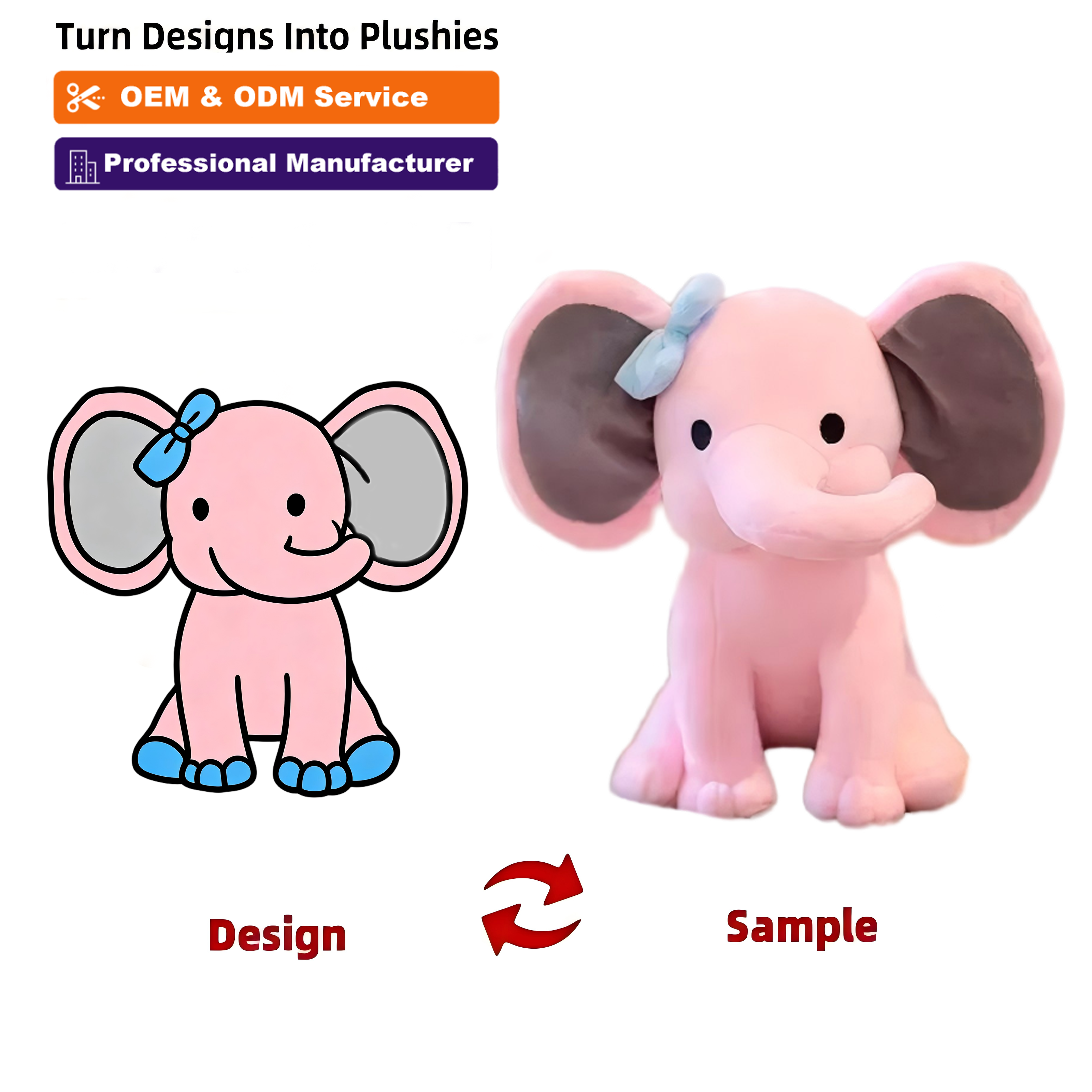Customized Plush Toys High Quality Customized Plush Animal Toys, pink Elephant Plush Toys