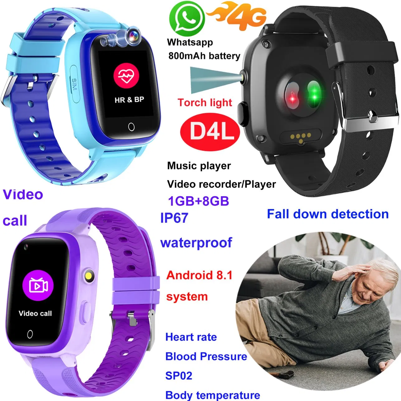 Quality China factory 4G IP67 waterproof Safety Elderly fitness video call Smart Watch tracker GPS with fall down detection D4L