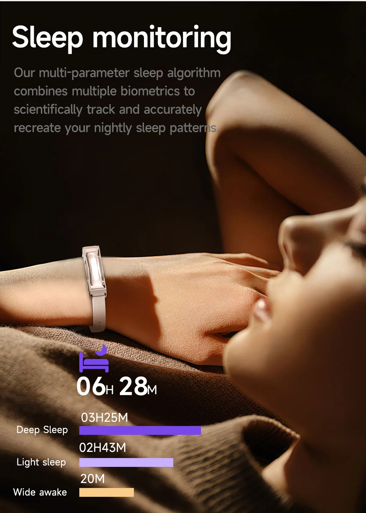 OEM No-Screen Smart Wrist Bracelet Sleep &amp; Stress Monitor Trendy Wearable IP68 Waterproof Health Band for Ladies Women