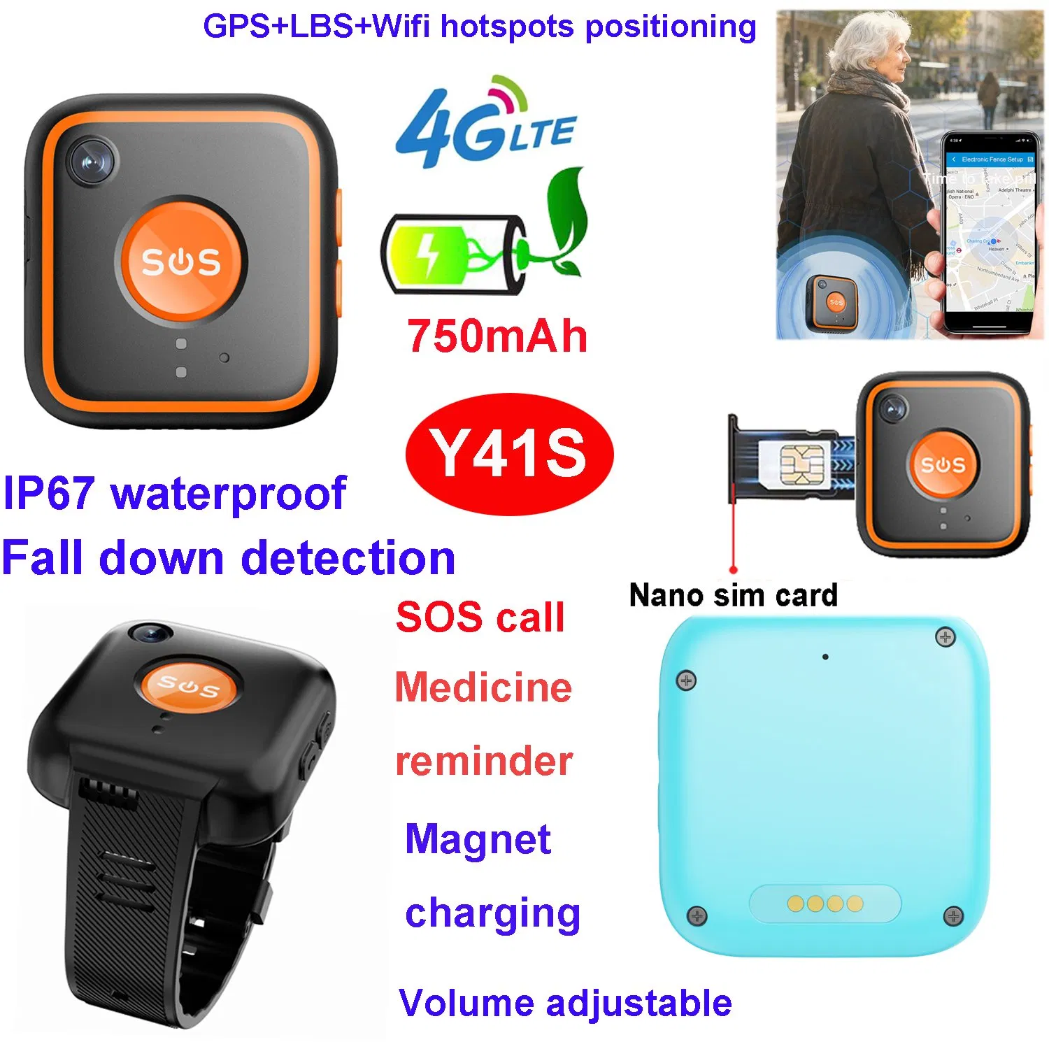 Real time anti lost 4G LTE GPS tracker Electronic tracking device with Nano SIM card fall down alert wireless portable for elderly patients Y41S