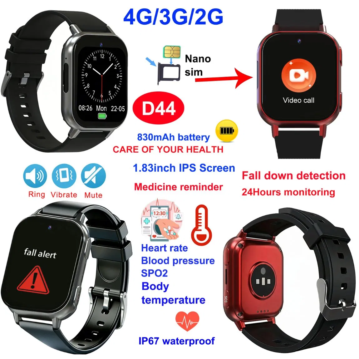 China Manufacture 4G IP67 Waterproof Parents Smart GPS Watch Phone Tracker with HR/BP/SPO2 for Fitness Tracking D44