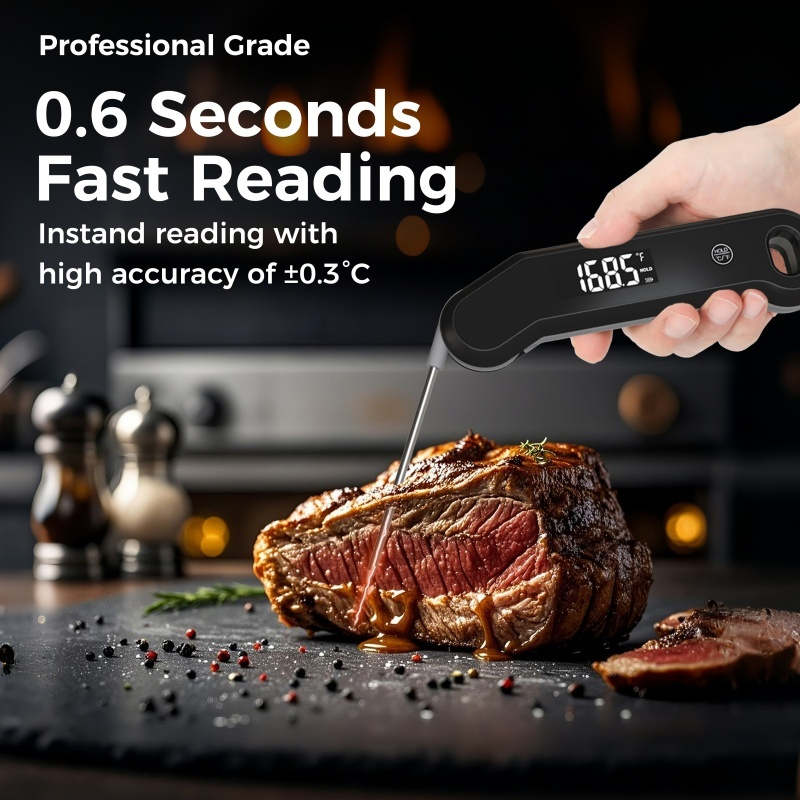 Faster 0.6 Sec Instant Read Folding Probe Household Kitchen Cooking Food Thermocouple Meat Thermometer Waterproof Digital BBQ Thermometer for Oven/Smoker/Grill