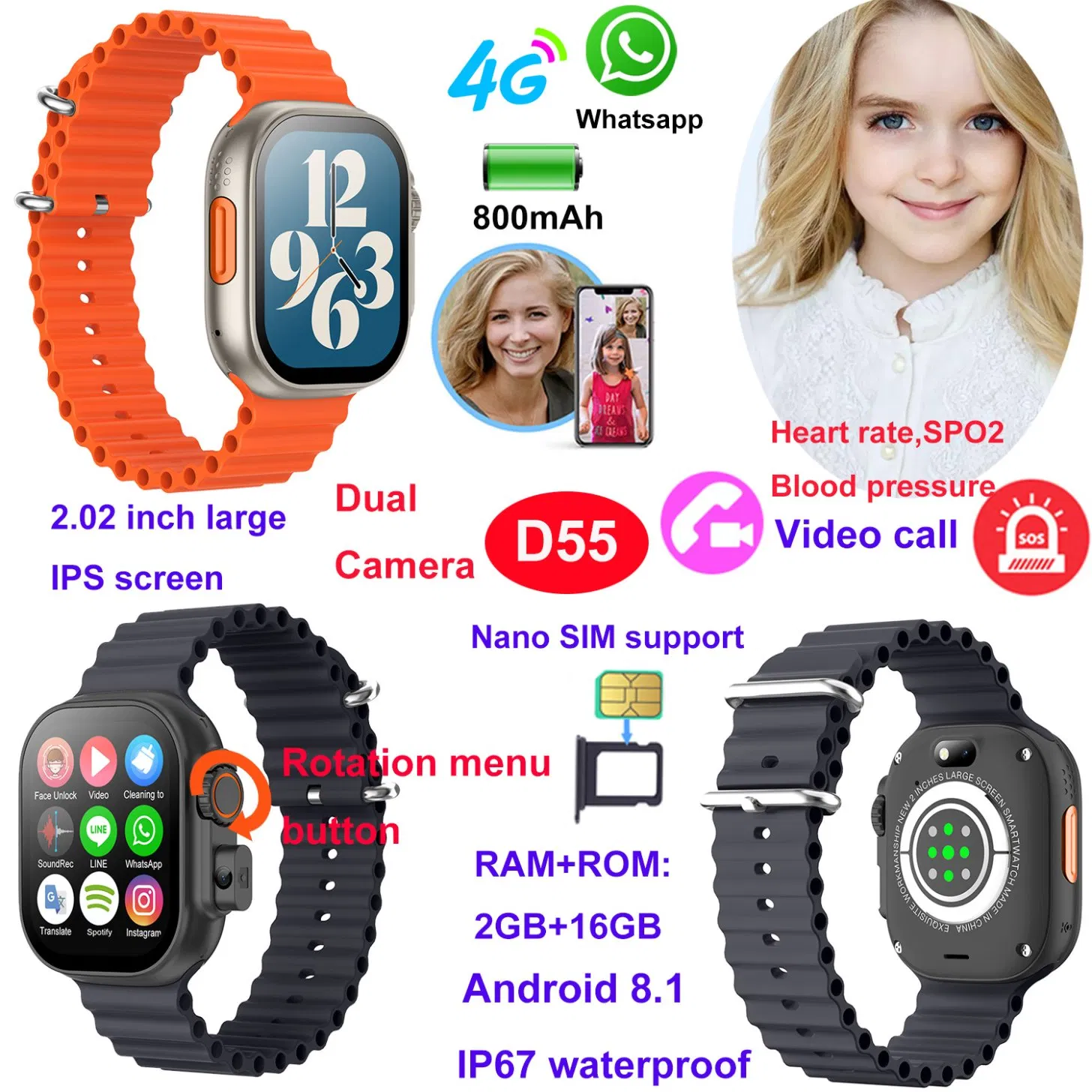New launched factory supply 4G IP67 waterproof Long battery life fitness Children kids smart GPS watch Tracker with large IPS screen D55