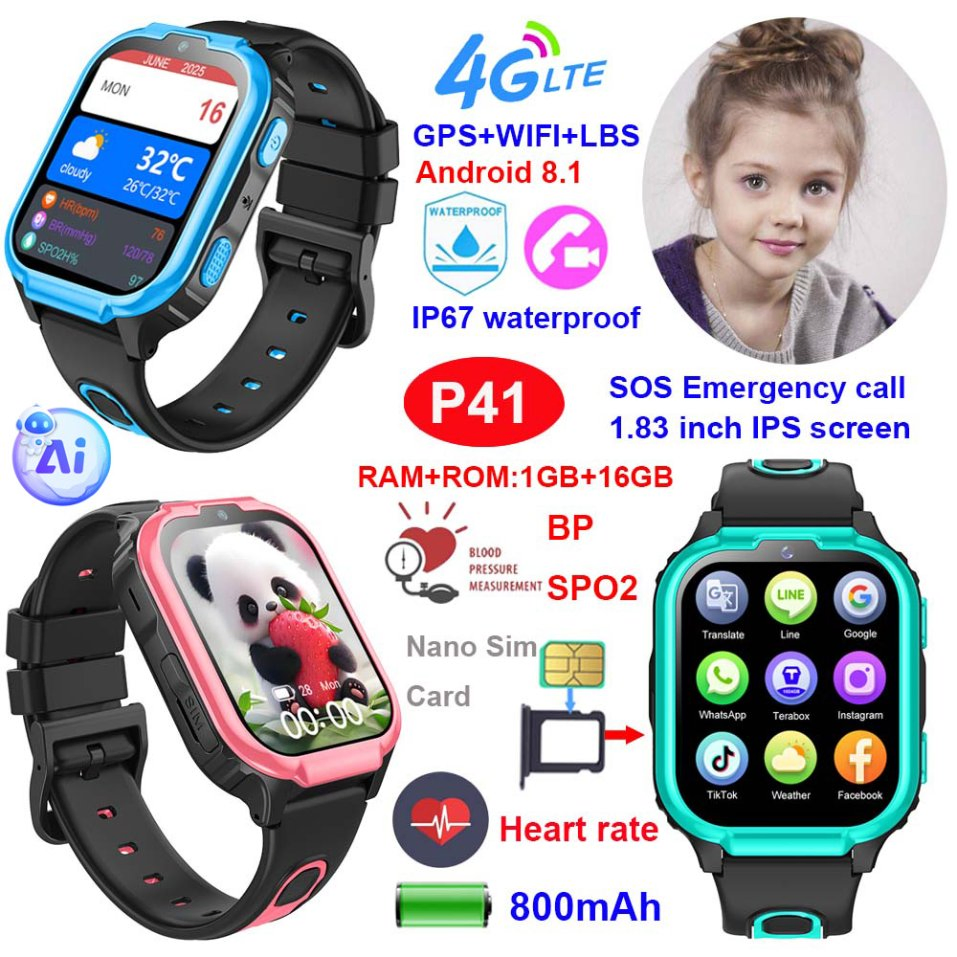 High quality LTE IP67 waterproof wearable children GPS tracker watch with smart AI parental control &nbsp;health monitoring for students P41
