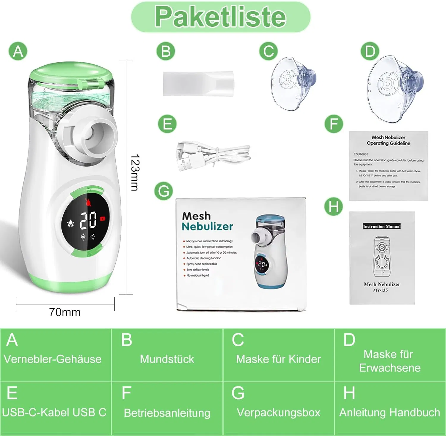 Portable Inhaler Nebulizer Automatic Cleaning Function Quiet Digital Mesh Nebulizer with 2 Masks and 1 Mouthpiece