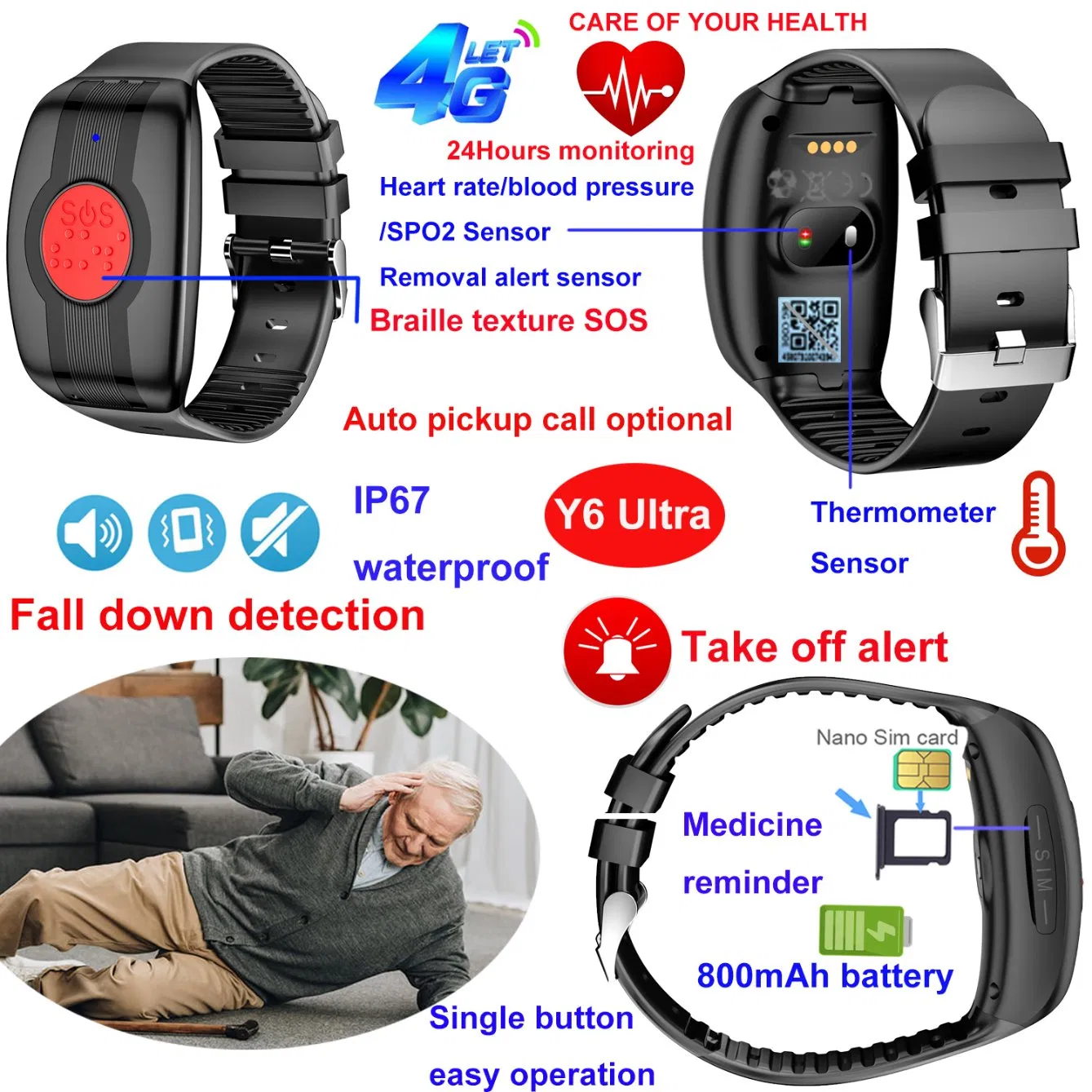 4G Waterproof accurate adult fitness security GPS Smart Watch Tracker with heart rate Blood pressure fall down detection thermometer Y6Ultra