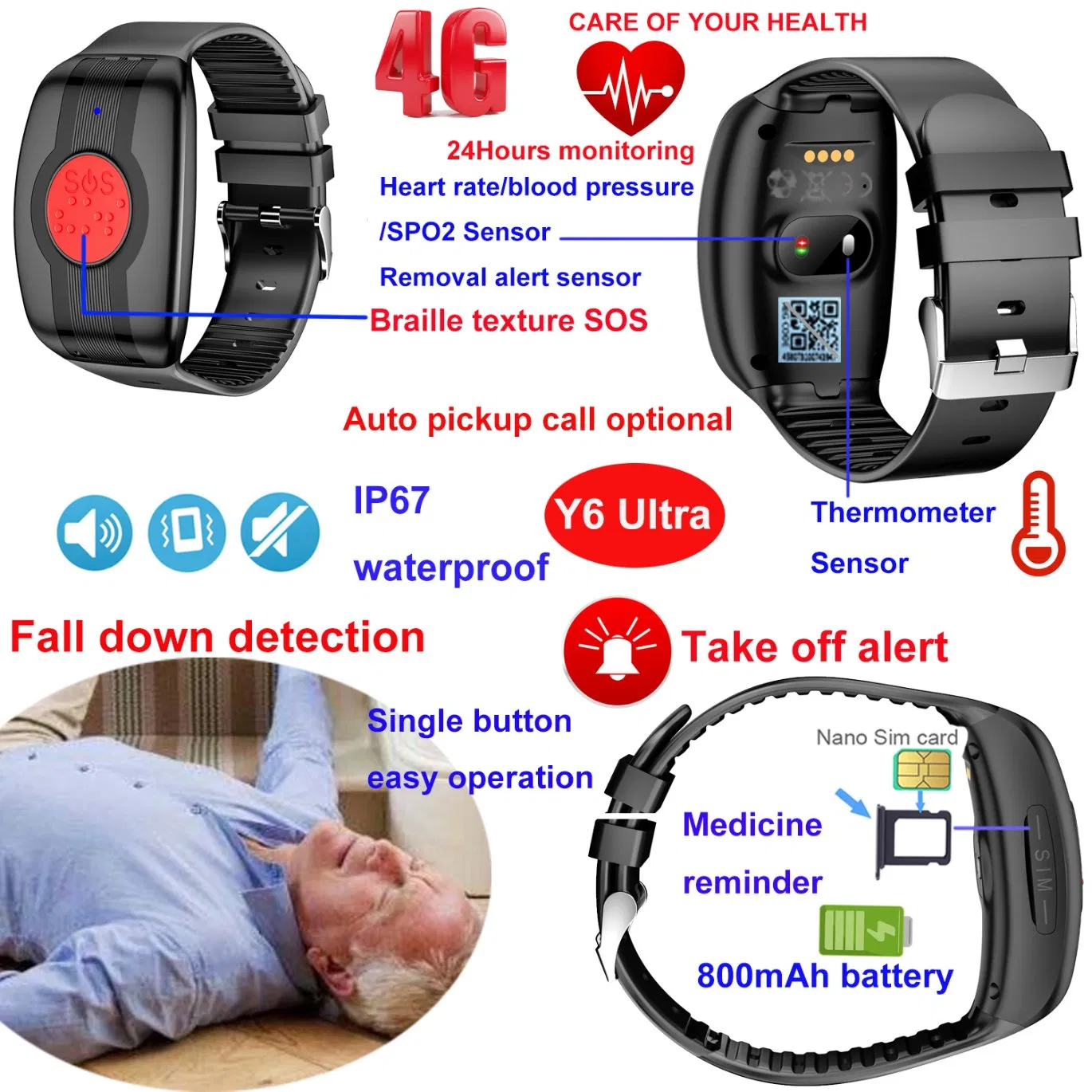 LTE Water resistance Elderly fitness Smart Phone GPS Tracker with fall down alert heart rate Blood pressure thermoter Y6Ultra