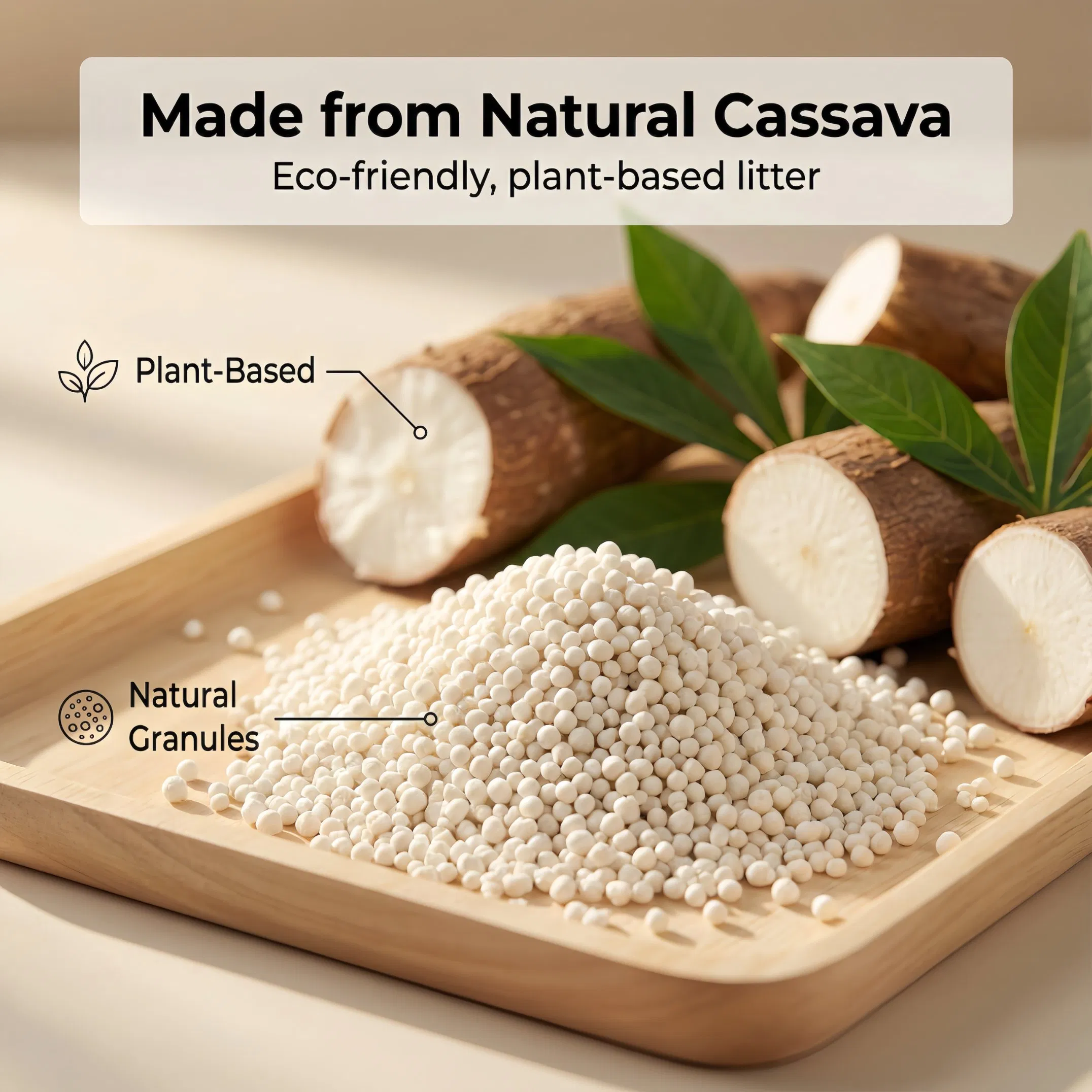 Pet Products Kitty Sand Factory Direct Supply 0.5-3.5mm Non-Stick Bottom Dust Free Best Clumping Self-Cleaning Natural Plant Cassava Cat Litter with Deodorant