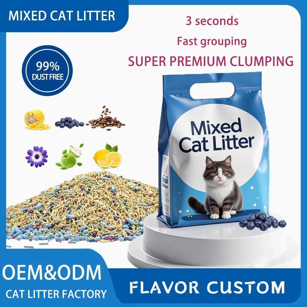 Cat Litter Wholesale Manufacturer Bentonite Tofu Mixed Cat Sands Blueberry Flavour Super Deodorising Eco-Friendly High Quality Biodegradable Kitty Litter