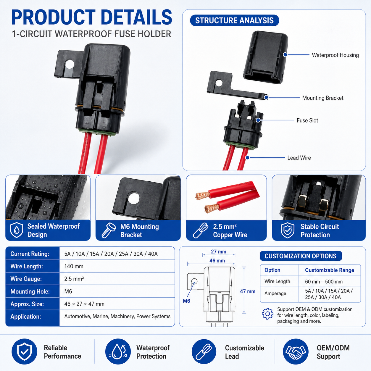 Waterproof Inline Fuse Holder 1 Circuit Automotive Fuse Box 12V 24V with Wire Custom OEM ODM