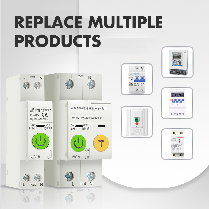 Tuya Smart Switch WiFi RCBO Circuit Breaker 1P+N 50A 63A Dc Remote Wireless Remote Phone Control Electrical Wifi Circuit Breaker