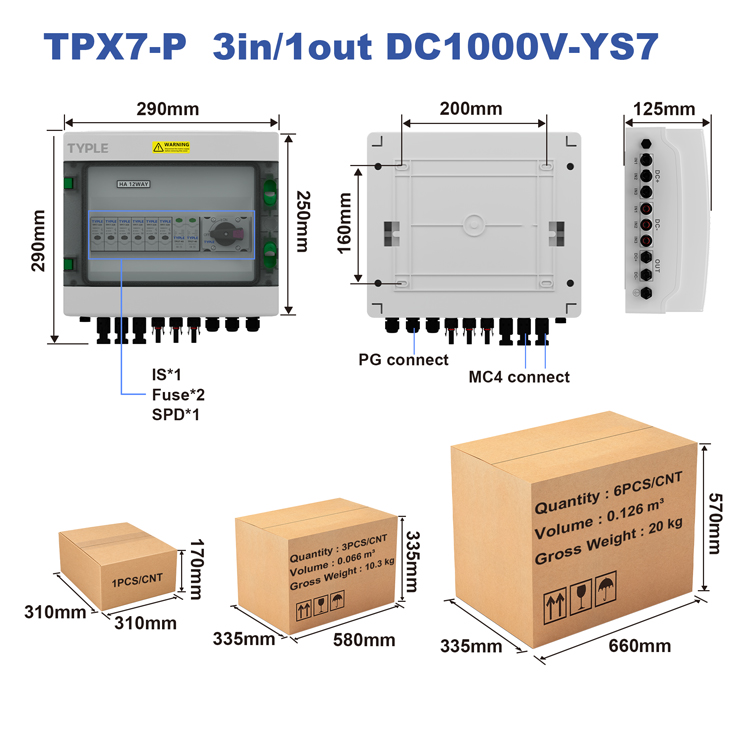 TPX7-P 3in 1out DC 1000V Solar PV Combiner Box with SPD Fuse ISO IP65 Waterproof DC Protection Box for Solar Energy Systems
