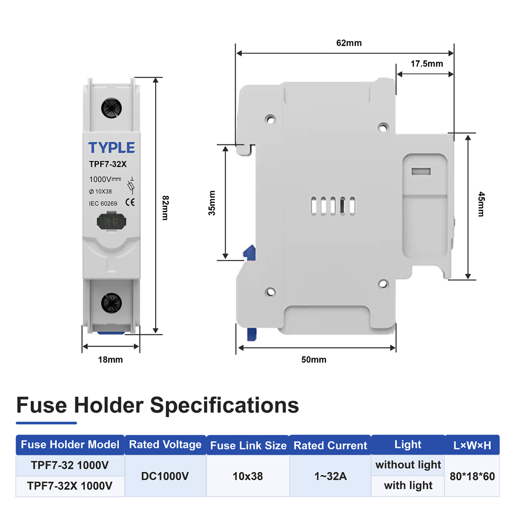 TYPLE 1000V DC Fuse Holder 1P 10x38mm DIN Rail Mount Solar PV Fuse Base LED Indicating for Combiner Box Protection CE Certified