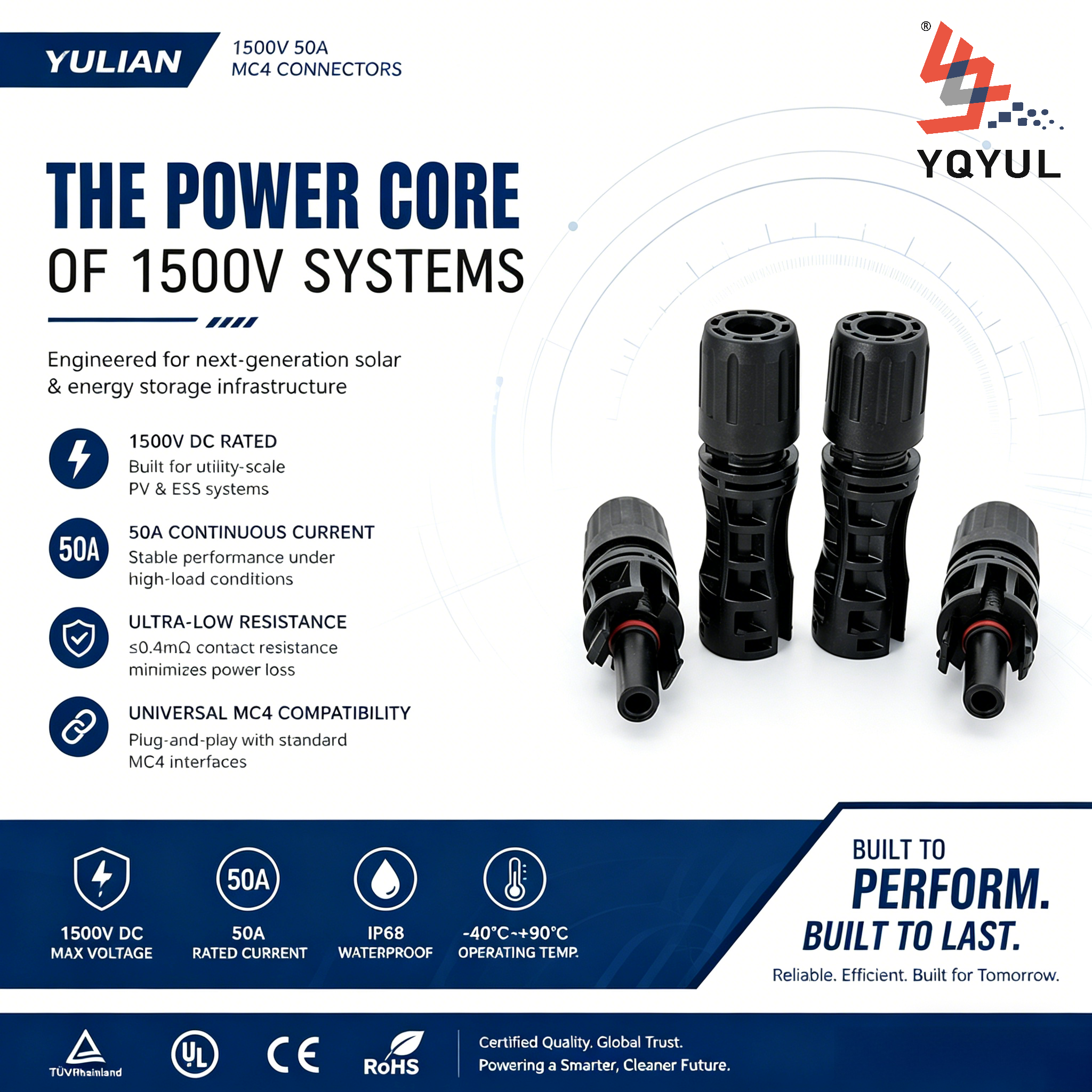 YULIAN IP67 Waterproof 1500V MC4 Solar Connector PV Photovoltaic Cable Plug for Solar Panel System