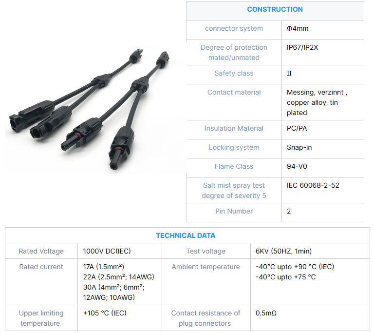 Sunro Y Branch Solar Connector Pv 1000v 1500v Waterproof Panel Connector Solar Cable Parallel Connector 2 to 1 Total Length 30CM