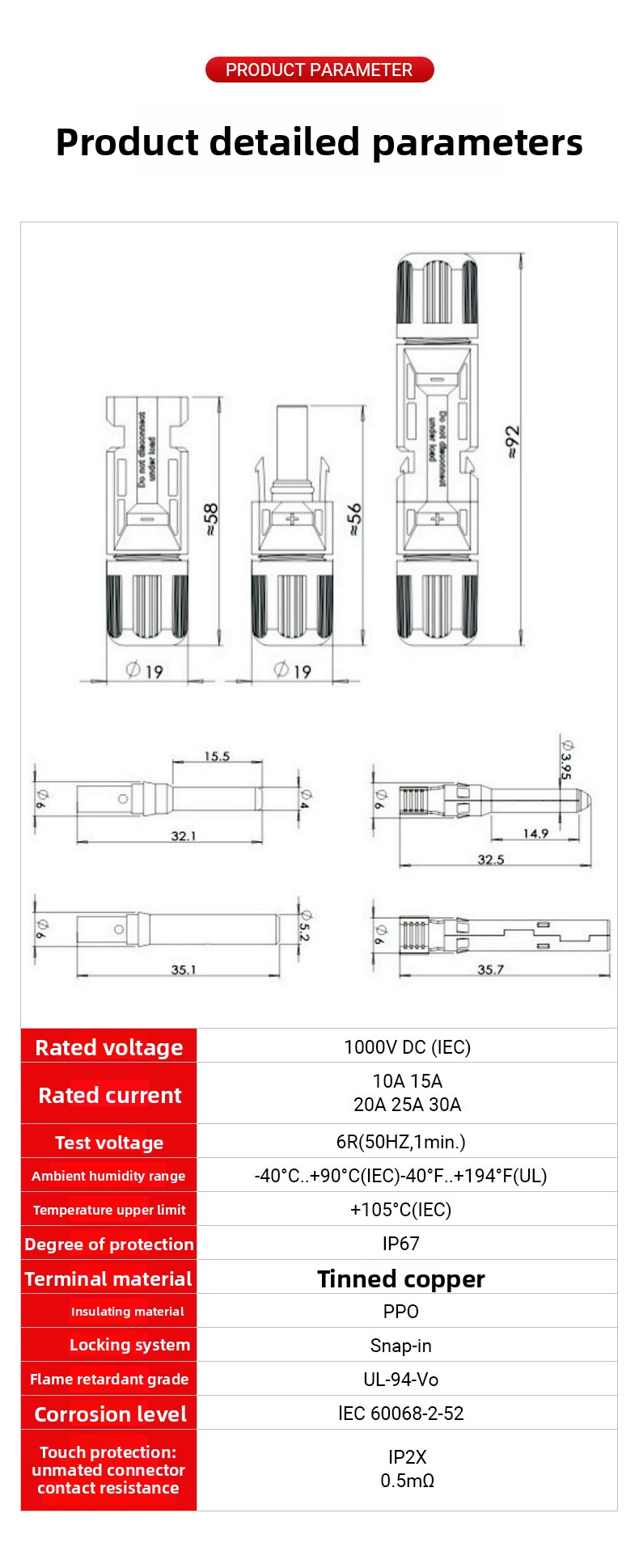 For MC4 Photovoltaic Cable Connector Solar Panel Waterproof Adapter with Copper Contacts Tin Material 30A Rated PPO Housing