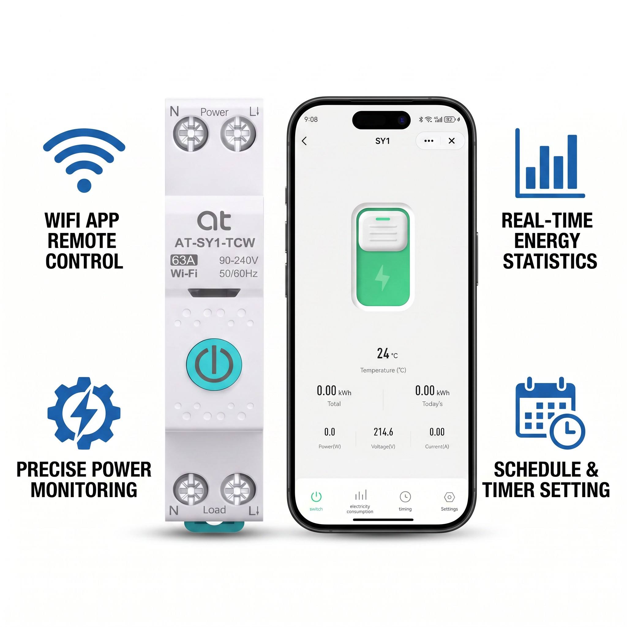 Tuya Smart WiFi 1P 63A MCB Din Rail Remote Control Switch, 18mm Compact Size Circuit Breaker For Smart Home Automation System