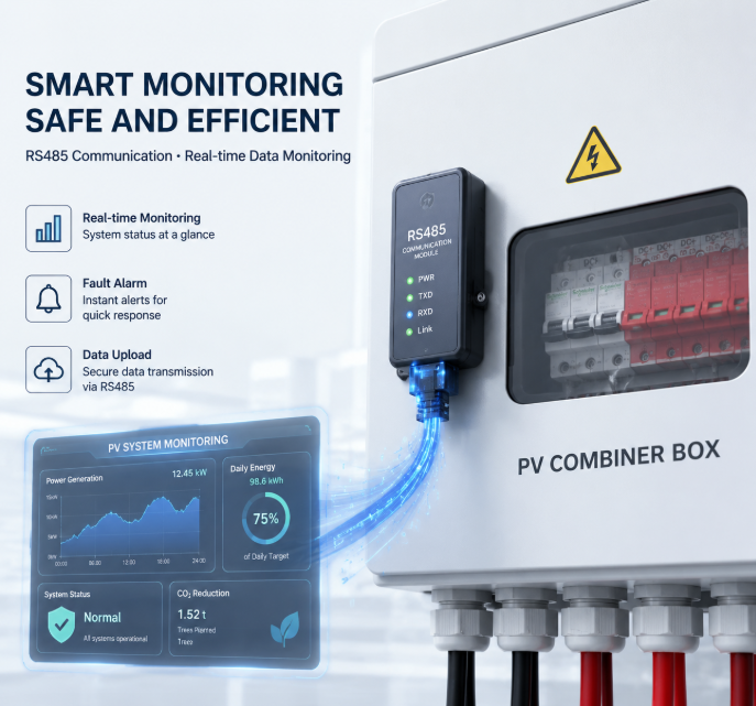 Smart 1500VDC Solar PV Combiner Box With RS485 Communication And High Current 30A Circuit Breaker For Commercial Solar Pane