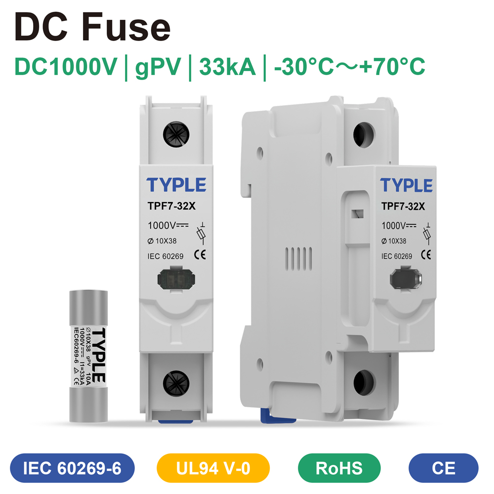 TYPLE 1000V DC Fuse Holder 1P 10x38mm DIN Rail Mount Solar PV Fuse Base LED Indicating for Combiner Box Protection CE Certified
