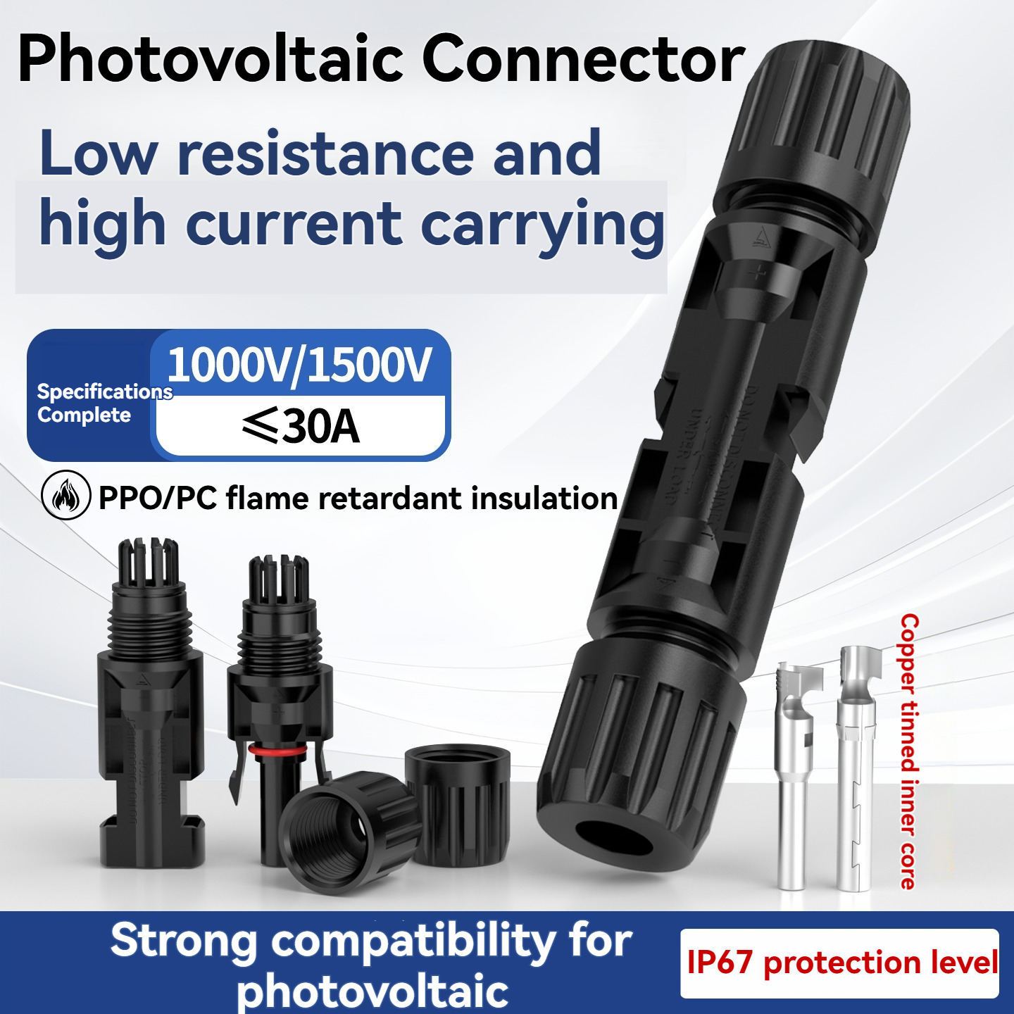 Solar Panel Connector Pair 1000V IP67 Waterproof With Locking Mechanism For PV System Wiring And Renewable Energy Projects