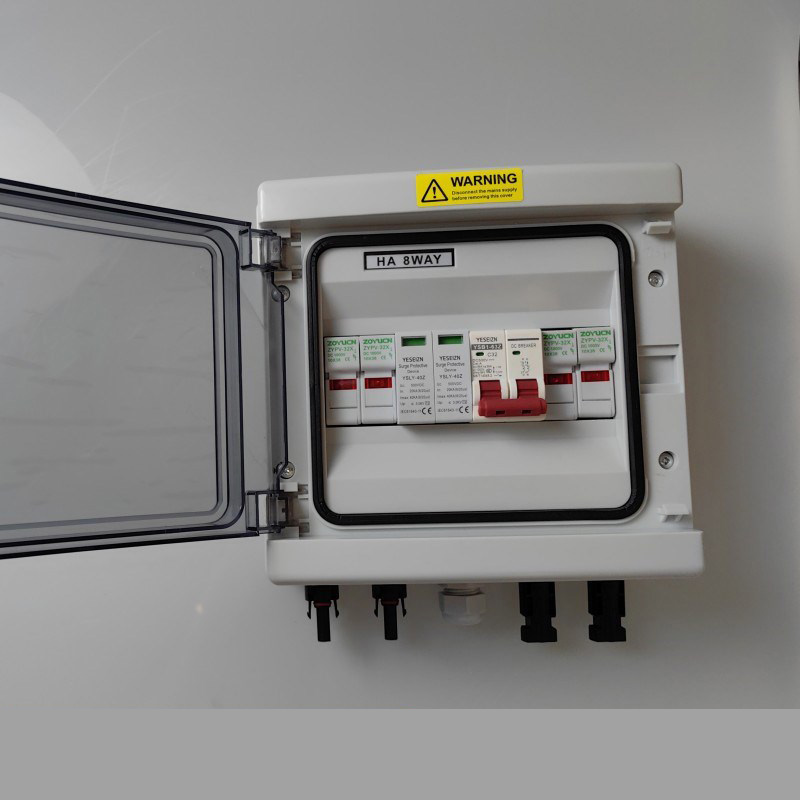 Solar Photovoltaic DC 600V ABS Lightning Protection Combiner Box 8 Channels 1 Input/Output IP65 Waterproof Fuse MCB SPD