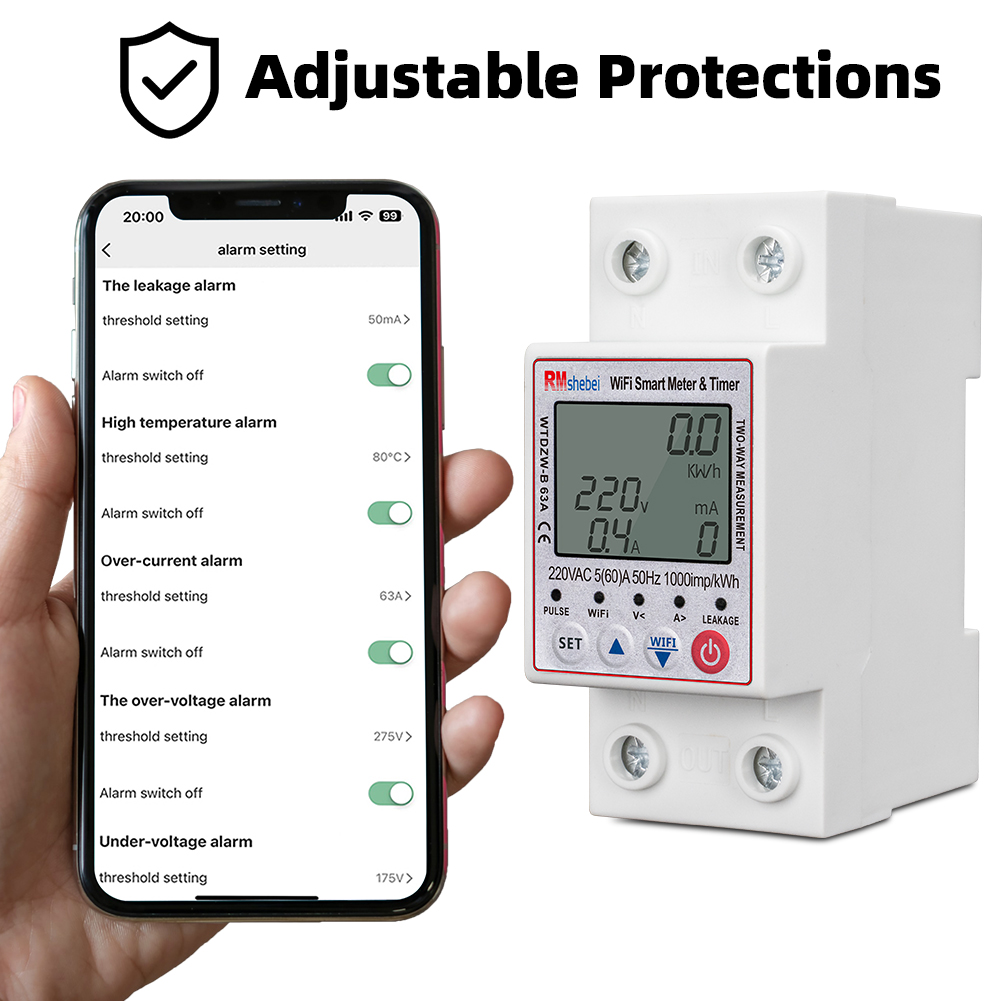 RMshebei Tuya 63A WiFi Smart Circuit Breaker Over Under Voltage Energy Meter Leakage Protection PV Bidirectional Metering 220V