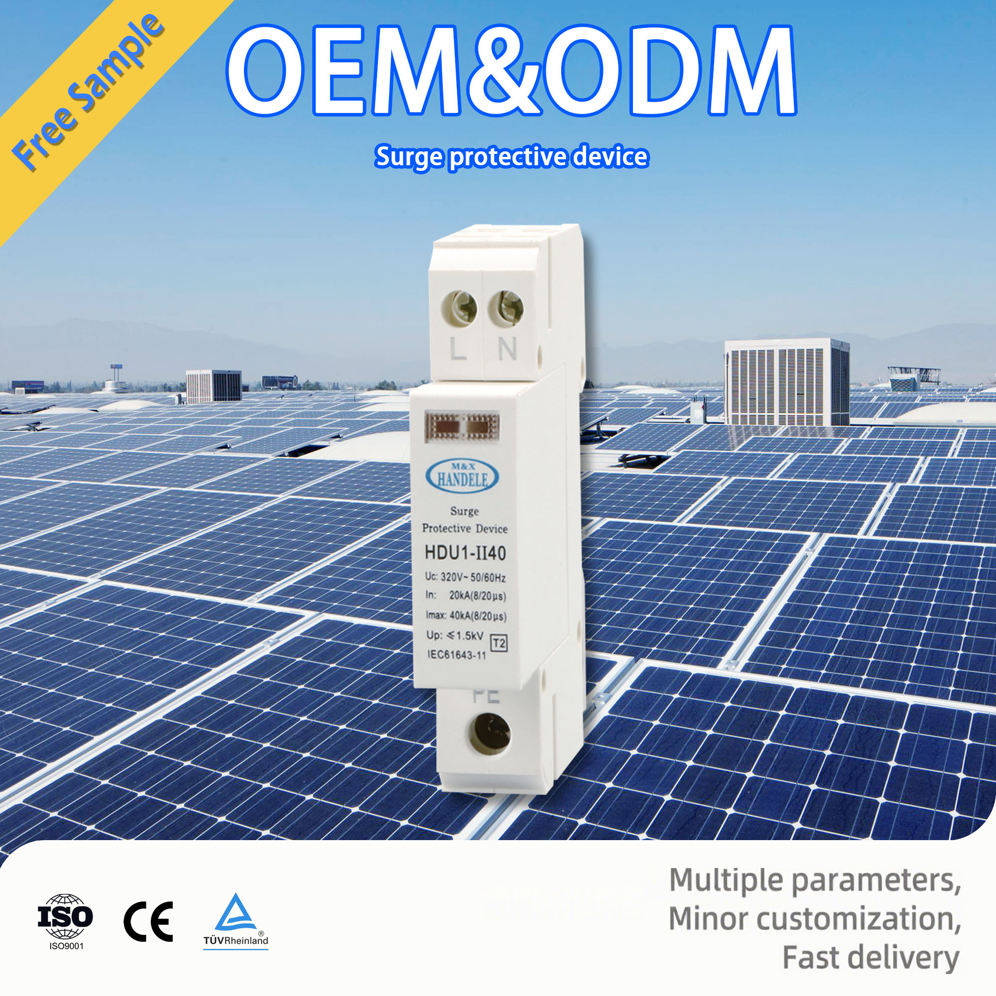 HANDELE Low Price Good Quality T2 TYPE2 1P+N 2P 20KV DC 385V Single Phase SPD Surge Protective Device CE Certified 40000A