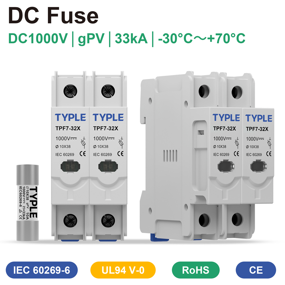 TYPLE 1000V DC Fuse Holder 1P 10x38mm DIN Rail Mount Solar PV Fuse Base LED Indicating for Combiner Box Protection CE Certified