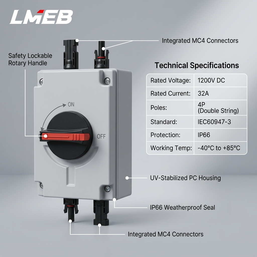 Outdoor Weatherproof 4P Isolation Switch Cross-Border DC1200V 32A Photovoltaic DC IP66 Plastic Material