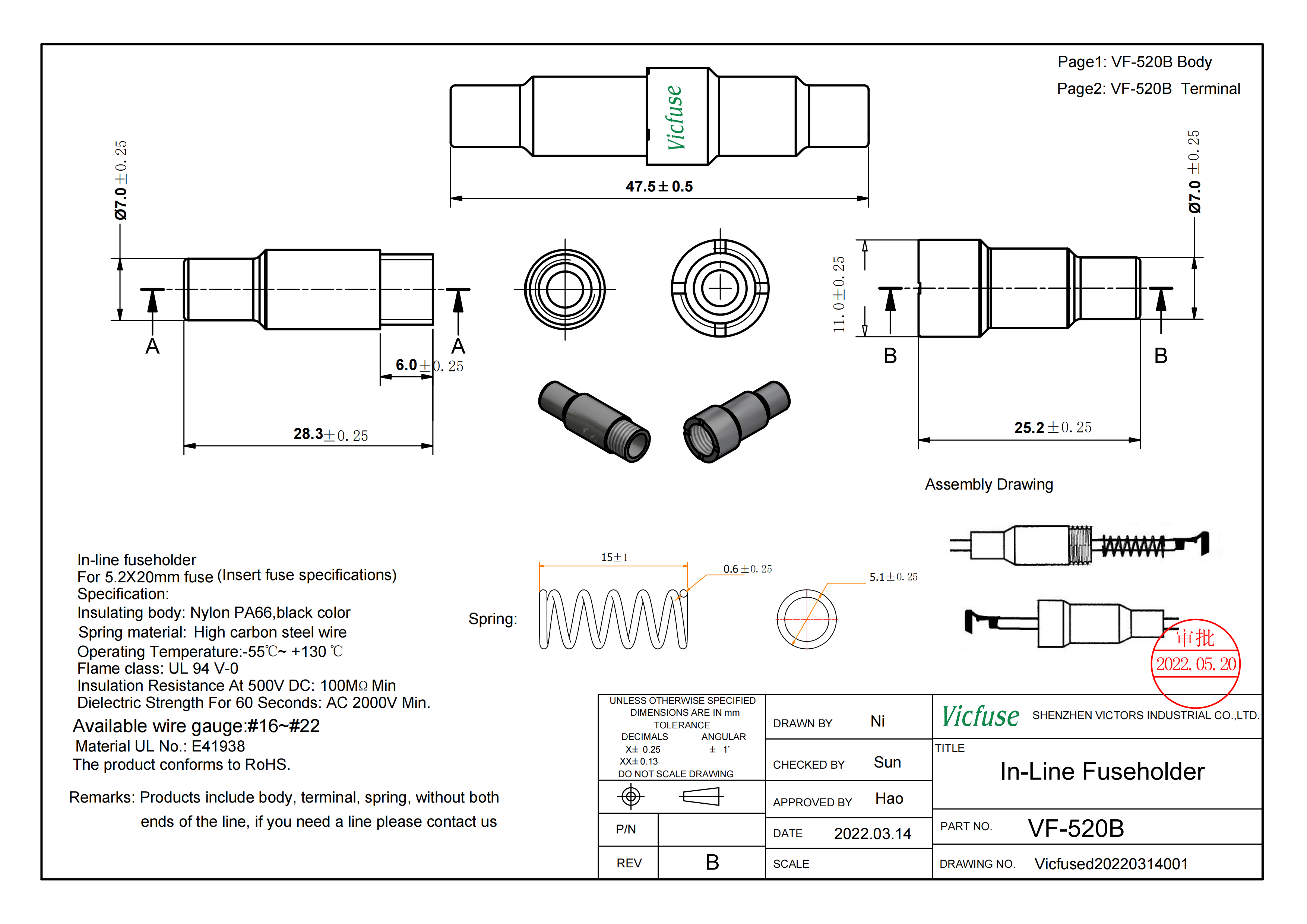 High Quality Factory VICFUSE Vf-520B In-Line Fuse Holders 5.2*20MM Nylon PA66 Brass Fuse /CUL Certified Fuse Components