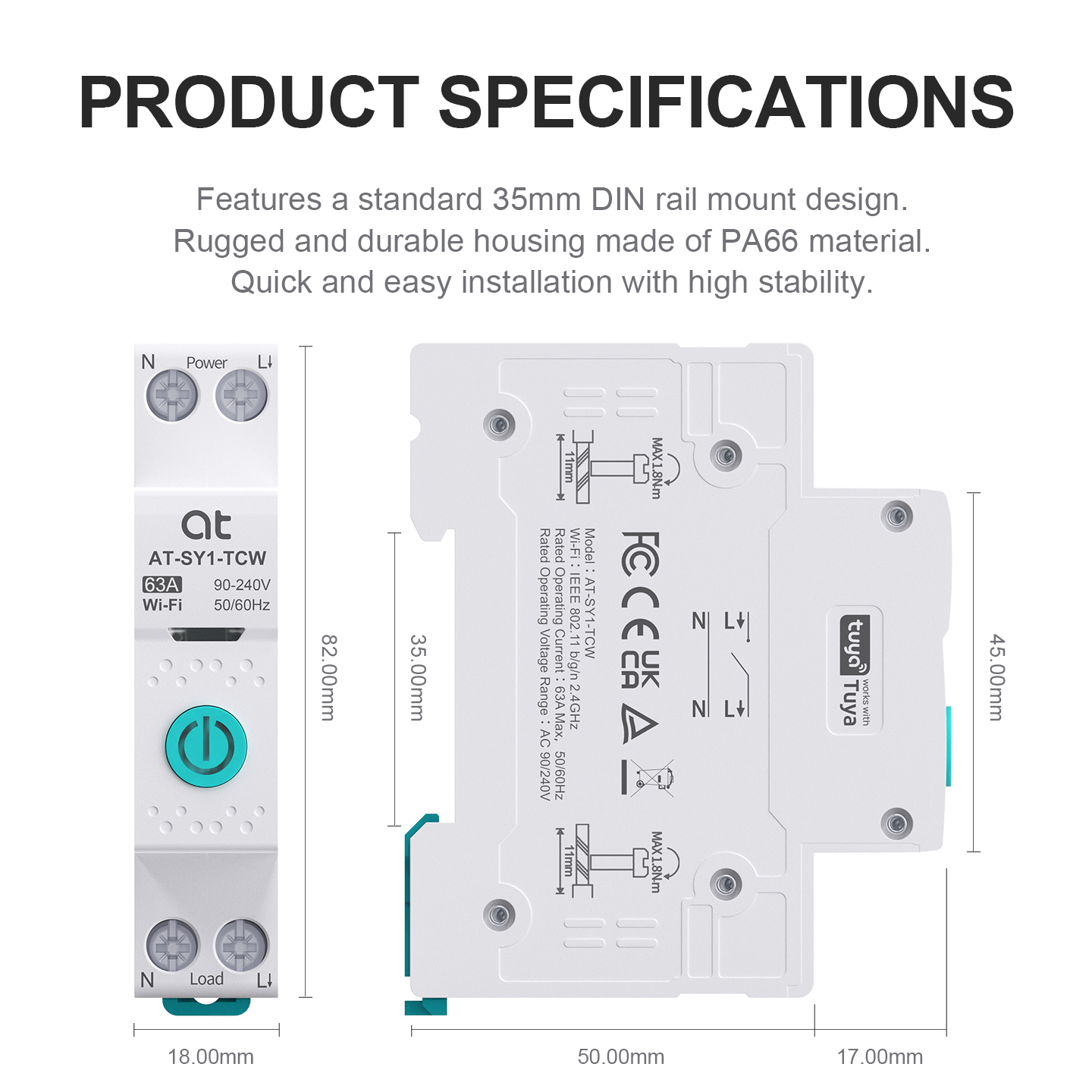 Tuya Smart WiFi 1P 63A MCB Din Rail Remote Control Switch, 18mm Compact Size Circuit Breaker For Smart Home Automation System