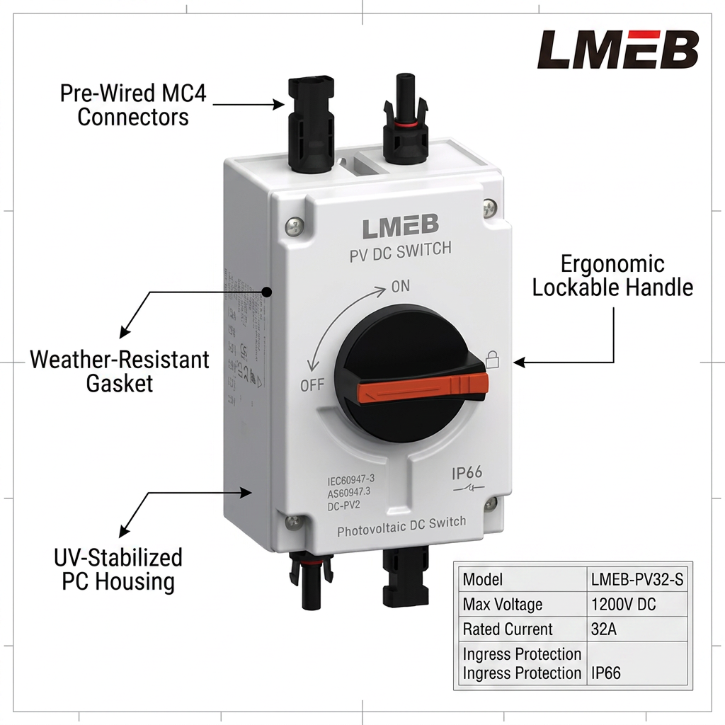 PV Solar DC Isolator Switches Outdoor Weatherproof 4P Isolation Switch DC1200V 32A Photovoltaic DC IP66 Plastic Material