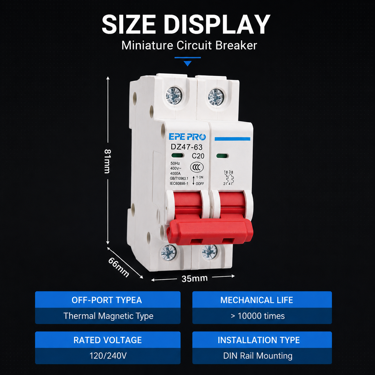 EPEPRO 63A 2P AC Miniature Circuit Breaker 240V/400V DIN Rail Mount Thermal Magnetic Trip MCB Solar Disconnect Switch Overload