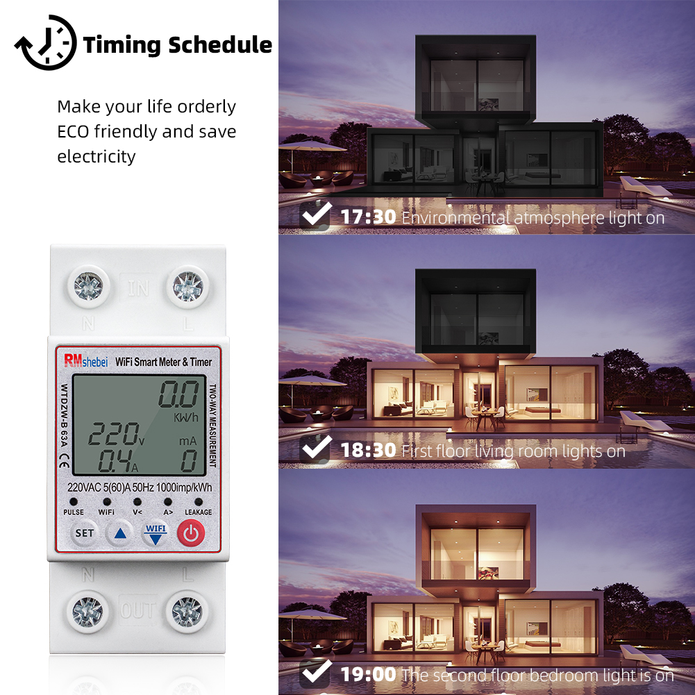 RMshebei Tuya 63A WiFi Smart Circuit Breaker Over Under Voltage Energy Meter Leakage Protection PV Bidirectional Metering 220V