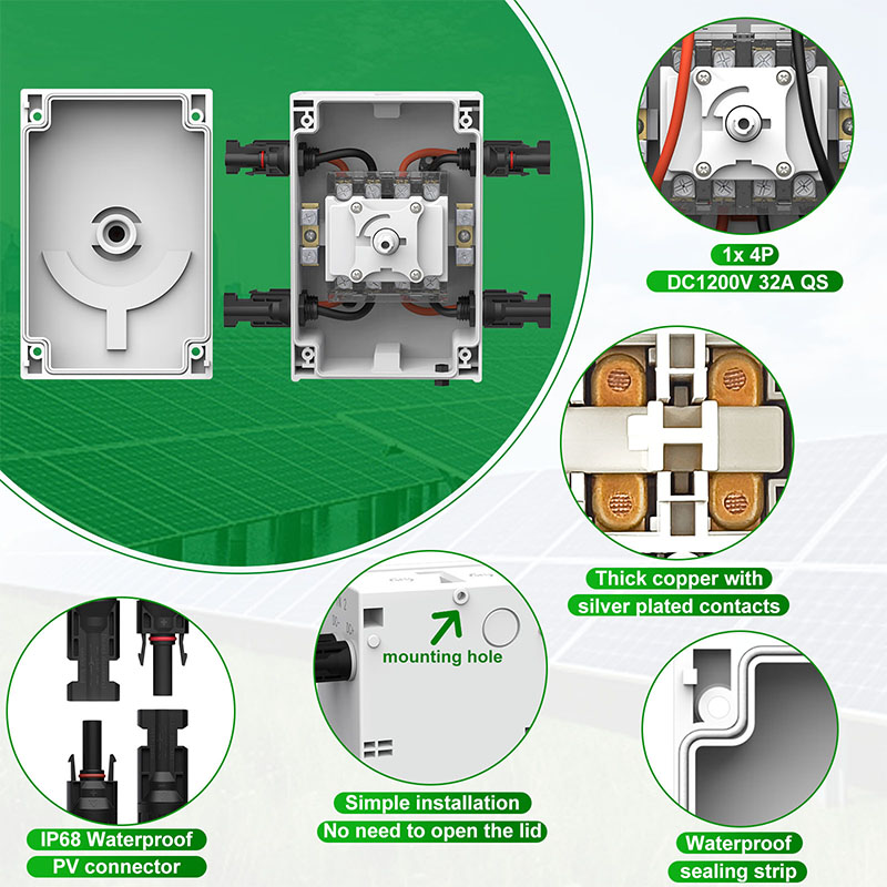 CNLonQcom Solar Disconnect Switch IP66 Waterproof PV DC System Isolating Switch 32A 1200VDC Disconnector
