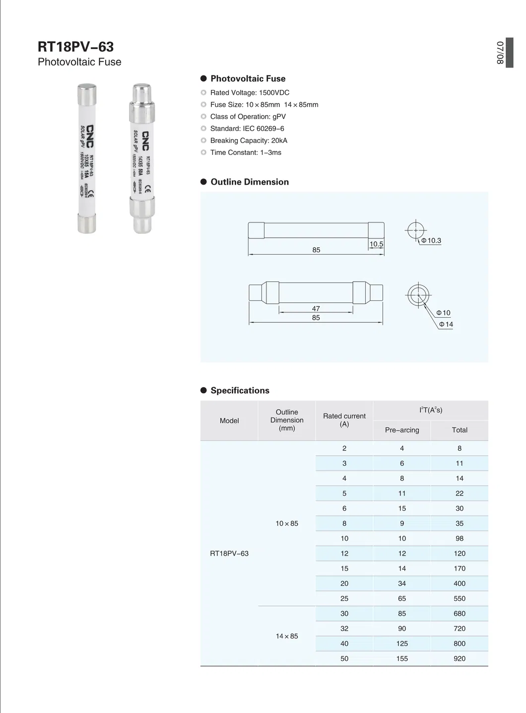 1500V DC Fuse 10X85 Solar PV