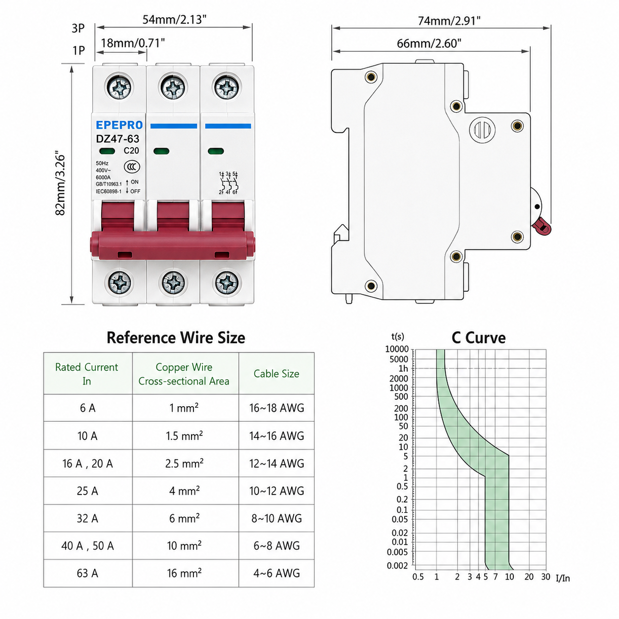 EPEPRO 3P AC MCB 63A 230V Thermal Magnetic 35MM DIN Rail Disconnect Switch C63 4.5KA/6KA Copper Distribution Boxes Solar PV