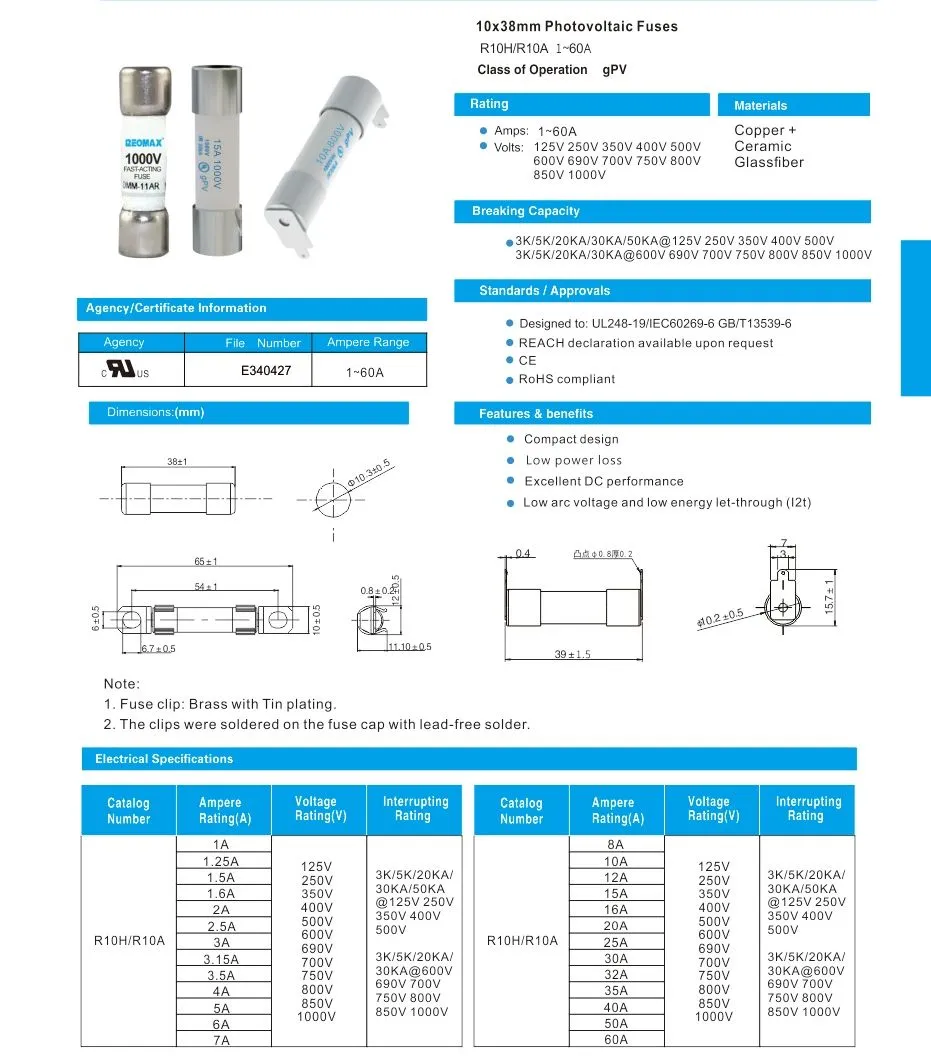 500V DC Photovoltaic Fuse 10X38mm 40A 50A High Voltage 1A~60A 500V 10X38mm Ceramic Solar PV Fuse