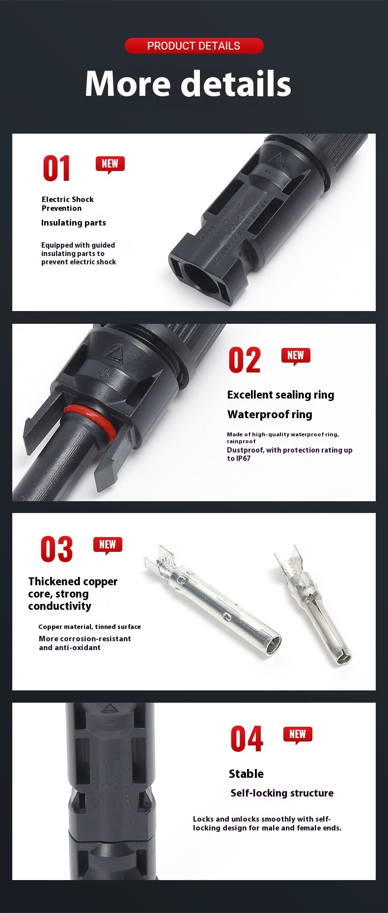 For MC4 Photovoltaic Cable Connector Solar Panel Waterproof Adapter with Copper Contacts Tin Material 30A Rated PPO Housing