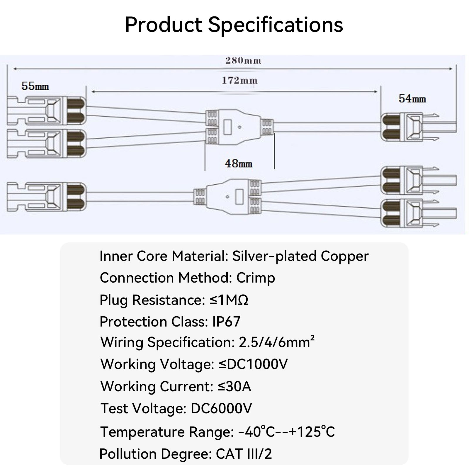 Hot Sale 1000V 30A IP67 Y Branch Solar Energy PV Panel Connector Cable PPO Material 10AWG 2 in 1 Y3 1-to-2 3Way for Solar Power