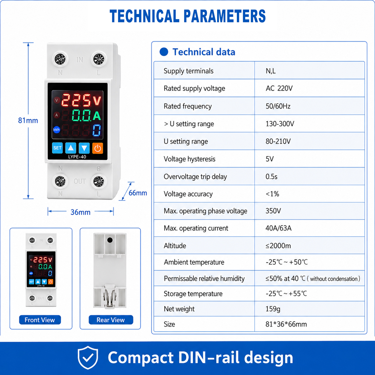 63A Single-phase Adjustable Overvoltage And Undervoltage Protector 3 In1, With Voltage And Current Protection Kwh Energy Merter