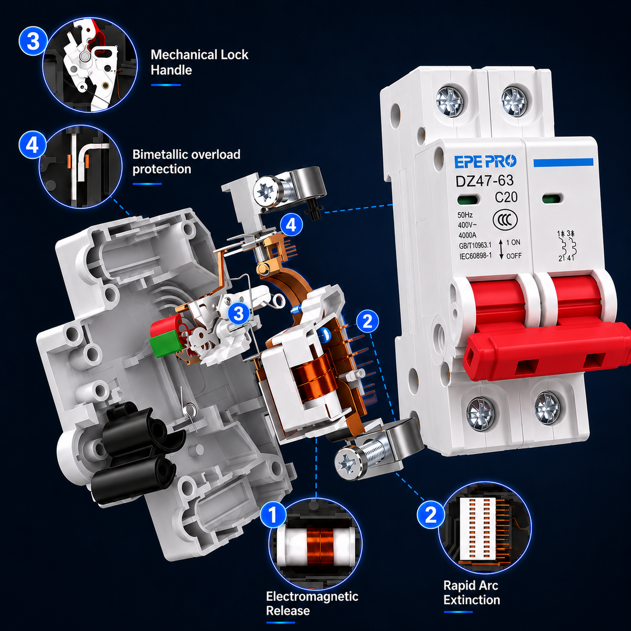 EPEPRO 63A 2P AC Miniature Circuit Breaker 240V/400V DIN Rail Mount Thermal Magnetic Trip MCB Solar Disconnect Switch Overload