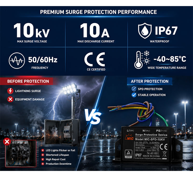 Type 1 SPD AC100-277V 10kV Surge Protection Device with 10kA Imax for LED Lighting