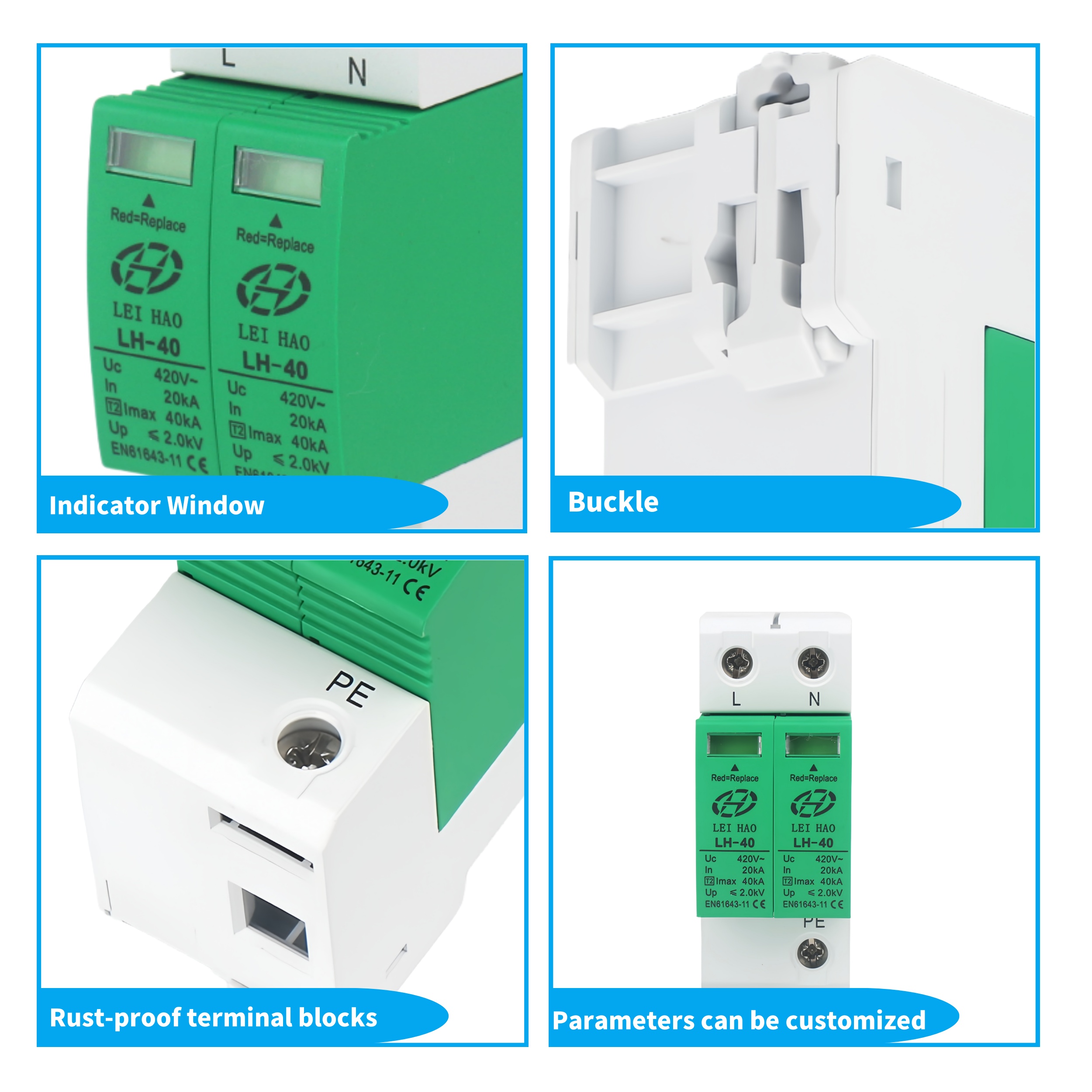 LEIHAO T2 110V/220V Whole House Surge Protector DC SPD AC 2P 1P+N 420V 20kA-40kA Surge Protective Device for Solar System