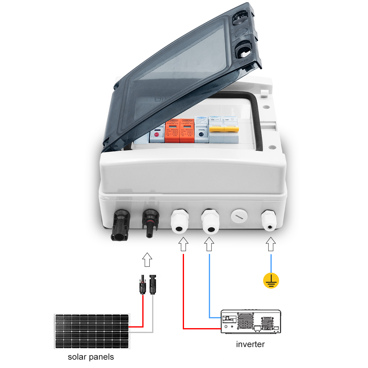 TOMZN PV Combiner Box With Lightning Protection Solar Photovoltaic 1 Input 1 Out DC 600V Fuse MCB SPD Waterproof Box IP65