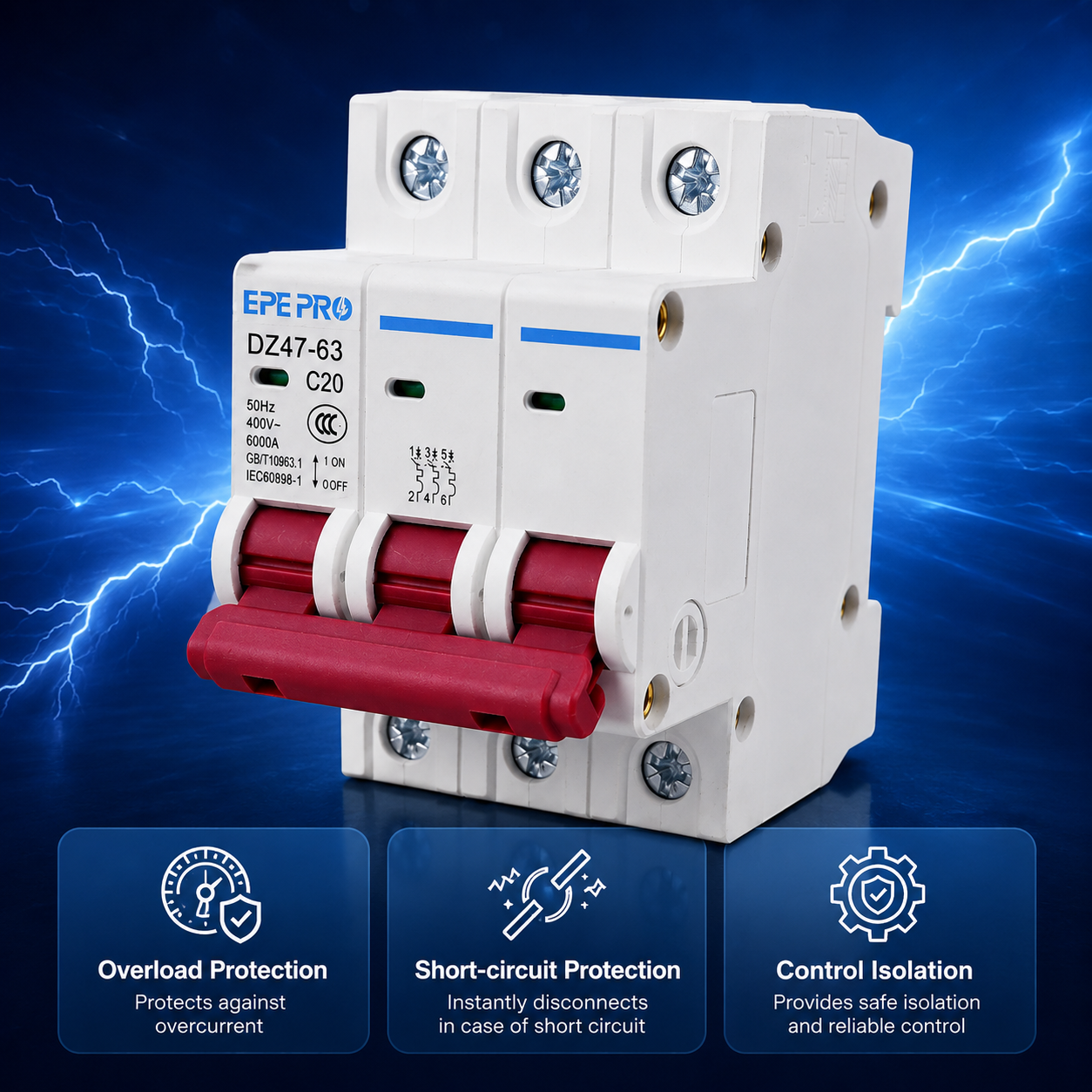 EPEPRO 3P AC MCB 63A 230V Thermal Magnetic 35MM DIN Rail Disconnect Switch C63 4.5KA/6KA Copper Distribution Boxes Solar PV